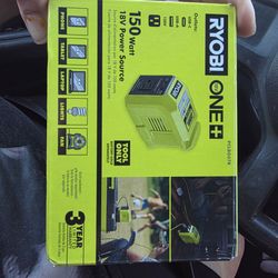 Ryobi 18V ONE+ 150-Watt Portable Battery Inverter Power Source, model PCLBG07B, intended for charging small electronics like phones and laptops using 