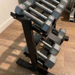 In NEW Condition Set Of Cast Iron Hex Dumbbells 5s, 10s, 15s 20s  And  25s [ RACK NOT INCLUDED]