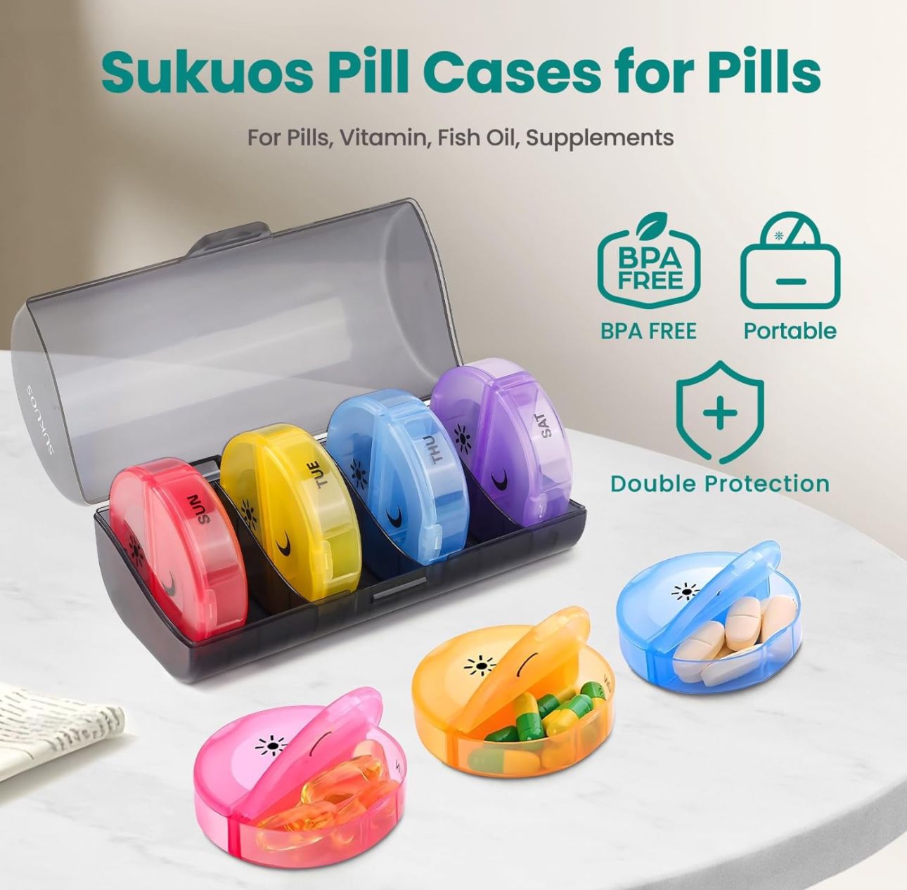 Sukuos Weekly Pill Organizer 7 Day 2 Times a Day, Large Daily Pill Box Easy to Open, BPA Free AM PM Pill Case for Medicine/Vitamin/Fish Oil/Supplement