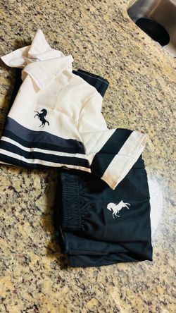 9-10Y - Men's Black And White Striped Short Sleeve Shirt & Solid Shorts (Polo)