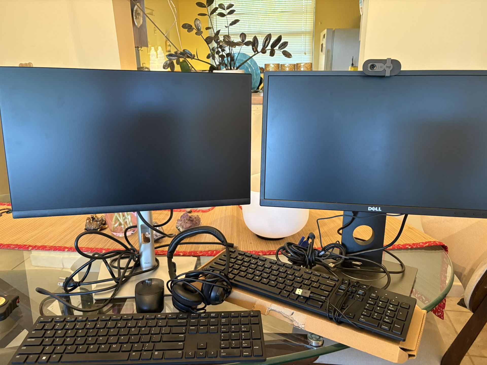 2 Dell 19 inch monitors, 1 Dell wireless keyboard one wireless mouse, , one Dell keyboard, one Logi wired Headset, one Logi camera