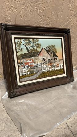 H. Hargrove Signed Serigraph – “Red Oak Farms” – Vintage Barn & Truck Scene