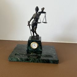 Marble Lady Justice Desk Set Features A Bronze Finish Figurine Holding Scales And A Sword, Sn Integrated Quartz Clock And Build In Pen Tray