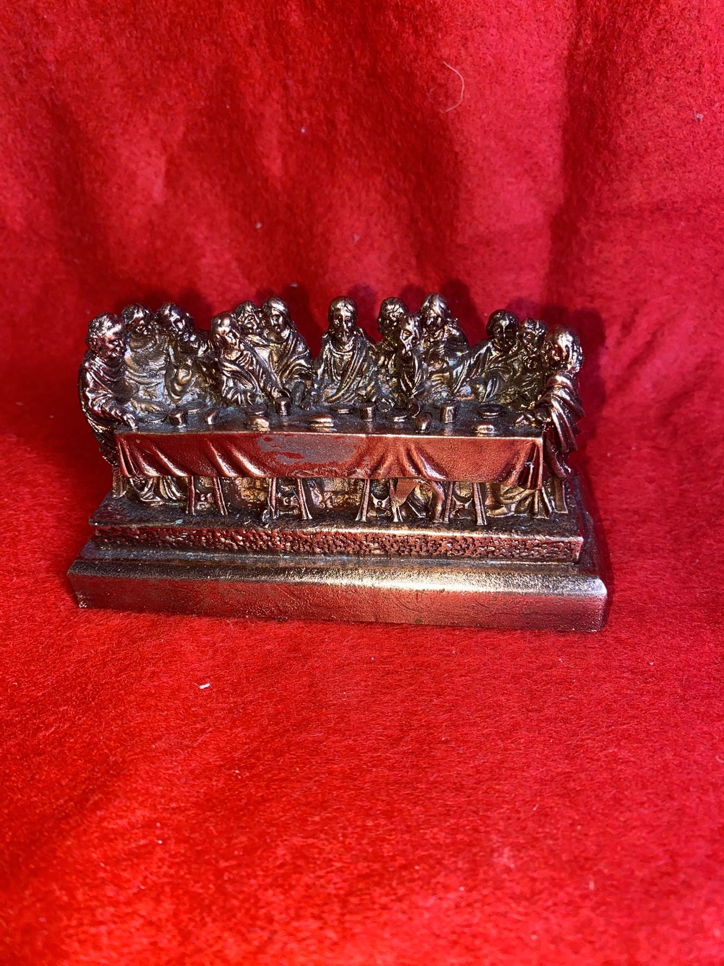 Vintage 4 Inch x 2.25 Inch Copper Plated Alabaster Greek The Last Supper Statue Imported (5 available)