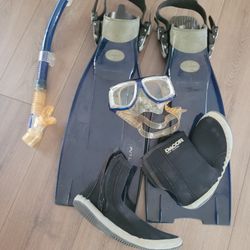 Scuba diving fins goggles snorkel and boots