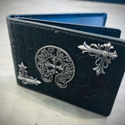 Chrome Wallet Hearts Leather Black Horseshoe Crosses Foldable Card Holder 