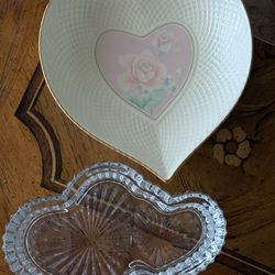 Vintage Mikasa Rose Duet Trinket/Candy Dish Ivory Bone China+Lead Crystal Double Heart Shaped Dish