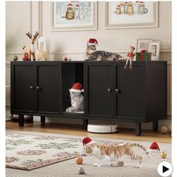 59 Inches Cat Litter Box Enclosure for 2 Cats, Hidden Litter Boxes Furniture with Cat Scratch Pad, Large Indoor Pet House with Double Room, Wooden TV 