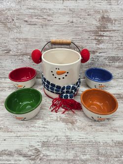 Vintage LTD Commodities Ceramic Snowman Popcorn Bucket and Snack Bowl Set Christmas