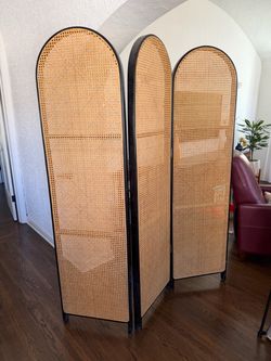 3-Panel Arched Cane/Rattan Folding Room Divider – Natural Cane with Black Wood Frame