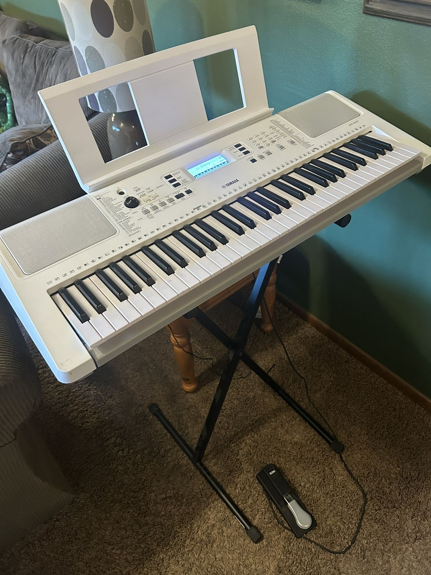 Yamaha EZ-300 Keyboard and excellent shape. Comes with keyboard, stand, music stand, sustain pedal, and power supply. This is a great Keyboard for en
