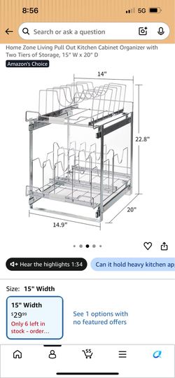 Home Zone Living Pull Out Kitchen Cabinet Organizer with Two Tiers of Storage