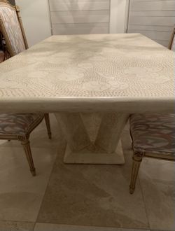 J Berdou Off White Dining Table, 6 Chairs & Buffet