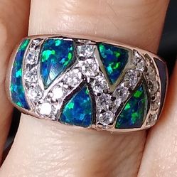 Very Pretty 🆕 Sterling Silver Fire 🔥 Opal & Sapphire Ring SIZE 5! 🔥💍
