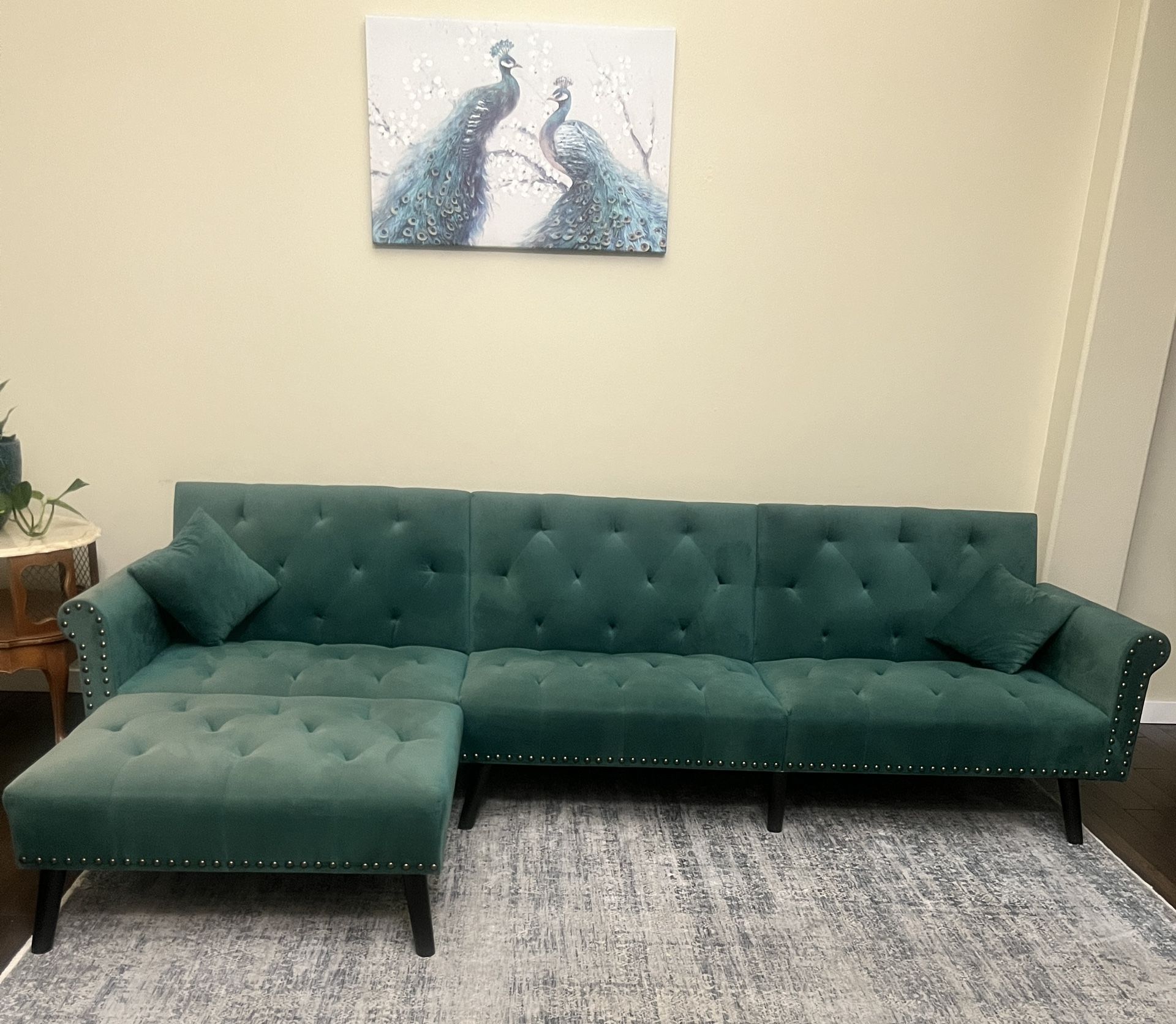 Elegant Green Velvet Sectional L- Shaped Convertible Sleeper Sofa Bed