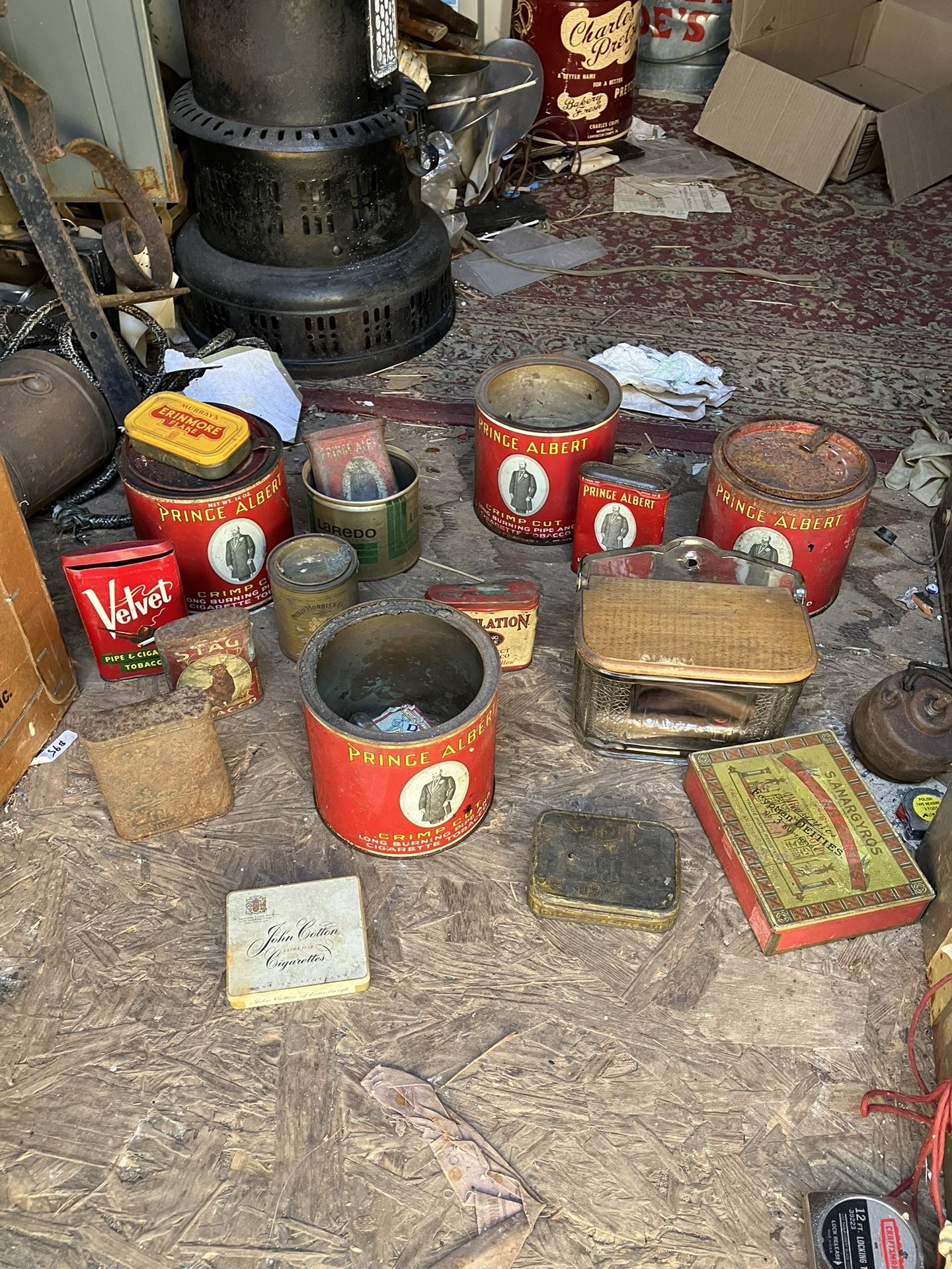 Vintage Antique Tin Tins Can And Glass Container