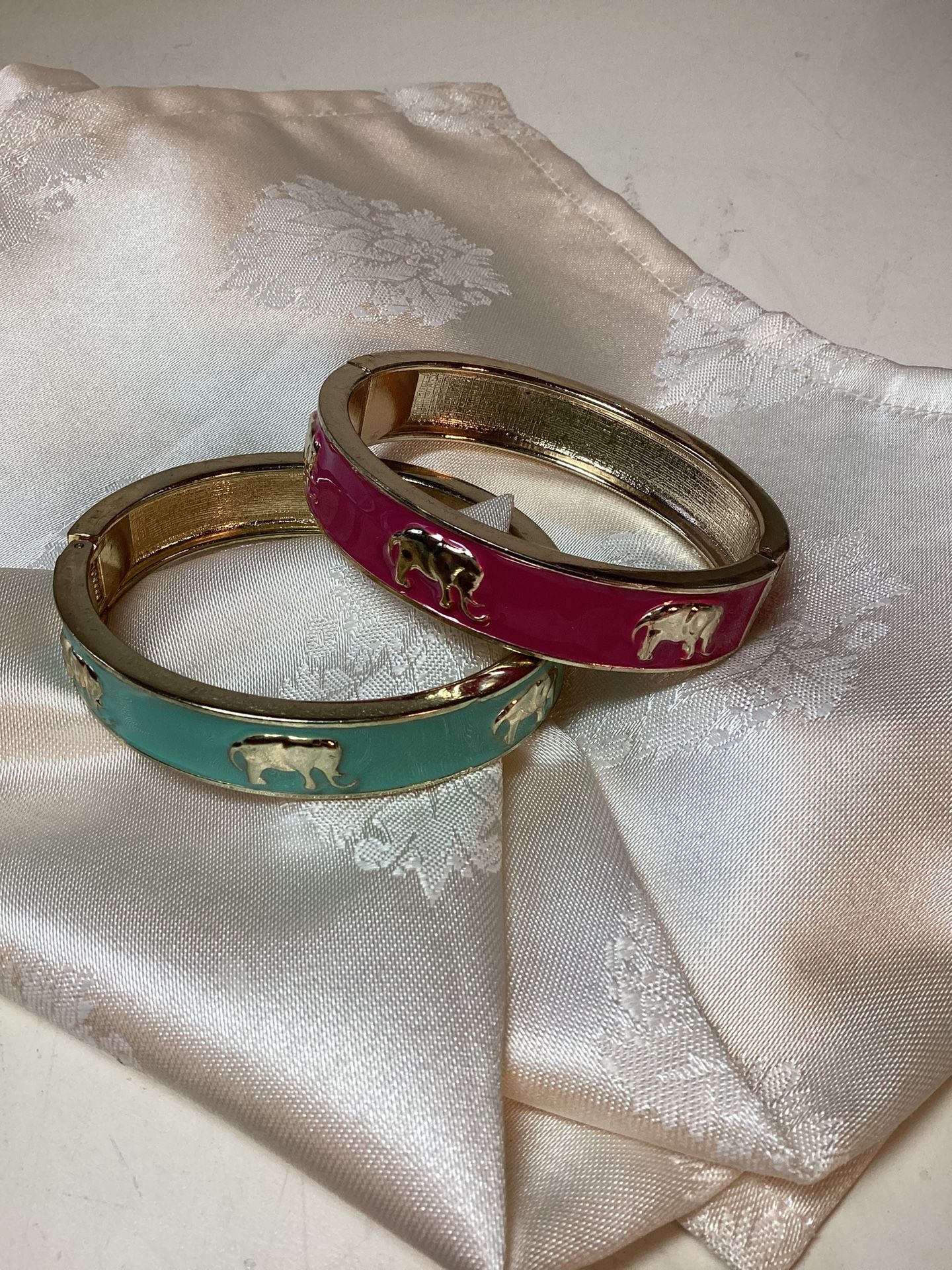 Set Of 2 Enamel Elephant Hinged Bangles Bracelets