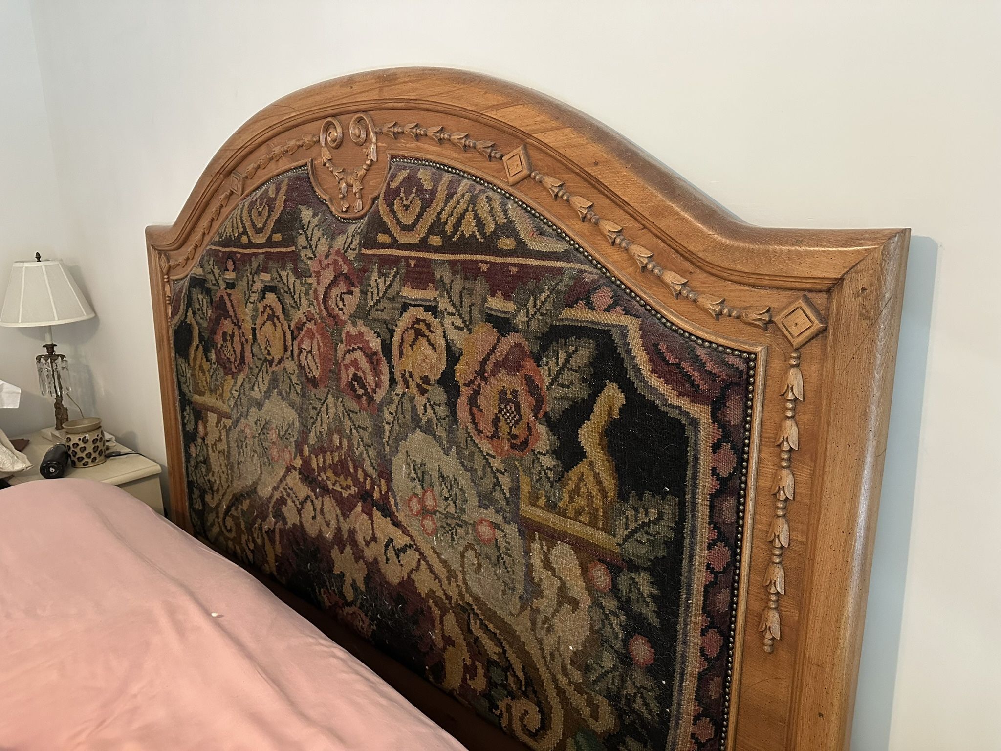 King Antique Wood And Tapestry Headboard