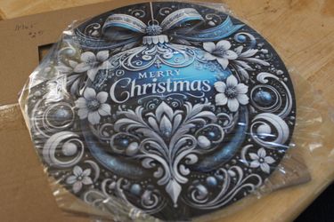 8" Round Blue Ornament Merry Christmas Aluminum Sign