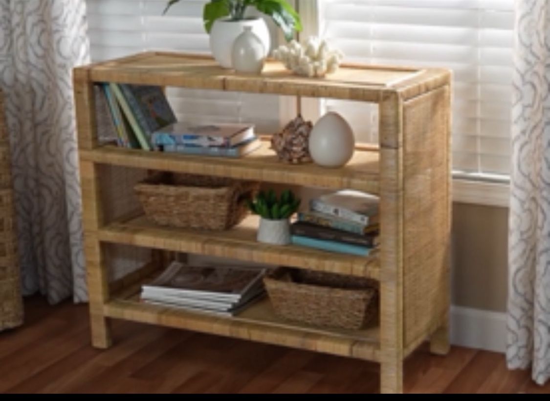 New Boho Bohemian 4-Tier Rattan Shelving Bookcase or Entryway Storage Table