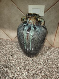 Blue Brown Drip Pottery Handled Vase