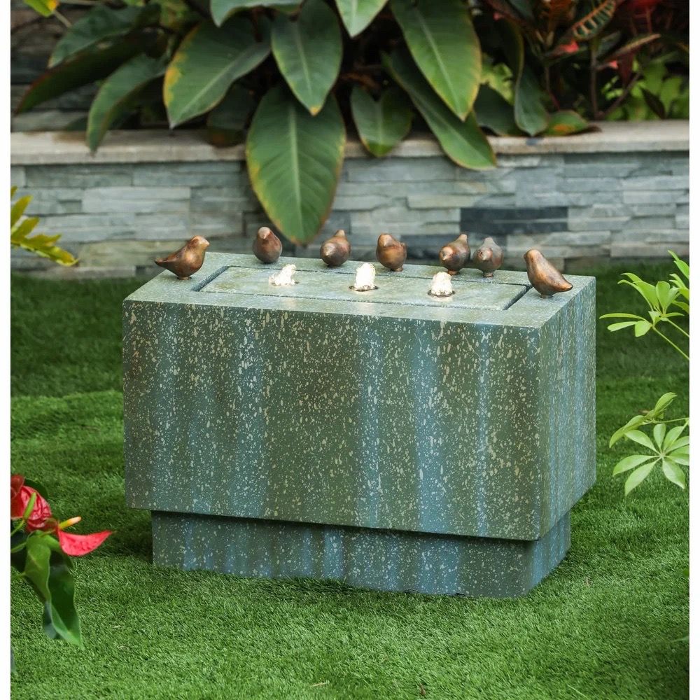 Patina Resin Rectangular Bubbler Outdoor Fountain with LED Lights and Bronze Birds,F485