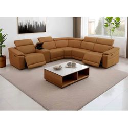New 6-Piece Genuine Leather Power Reclining Sectional – Cognac/Camel - Delivery Available