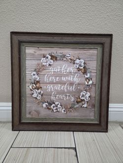 Gather Here With Grateful Hearts Rustic Wooden Fall Decor Cotton Wreath Wall Art