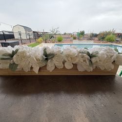 Fake Flowers In Wooden Pot