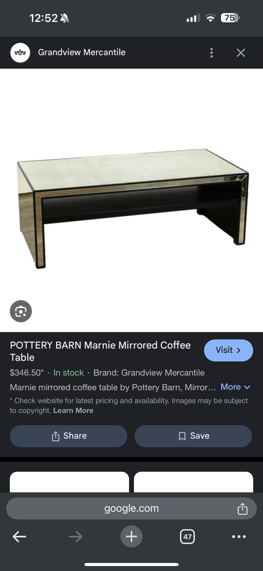 Pottery Barn mirrored Coffee Table 