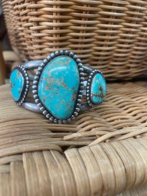 Vintage Indian Old Pawn Turquoise Silver Cuff Bracelet