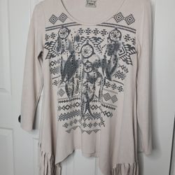 Vocal Boho Fringe Top Dreamcatcher Aztec Western Blouse Women’s  Large Beige