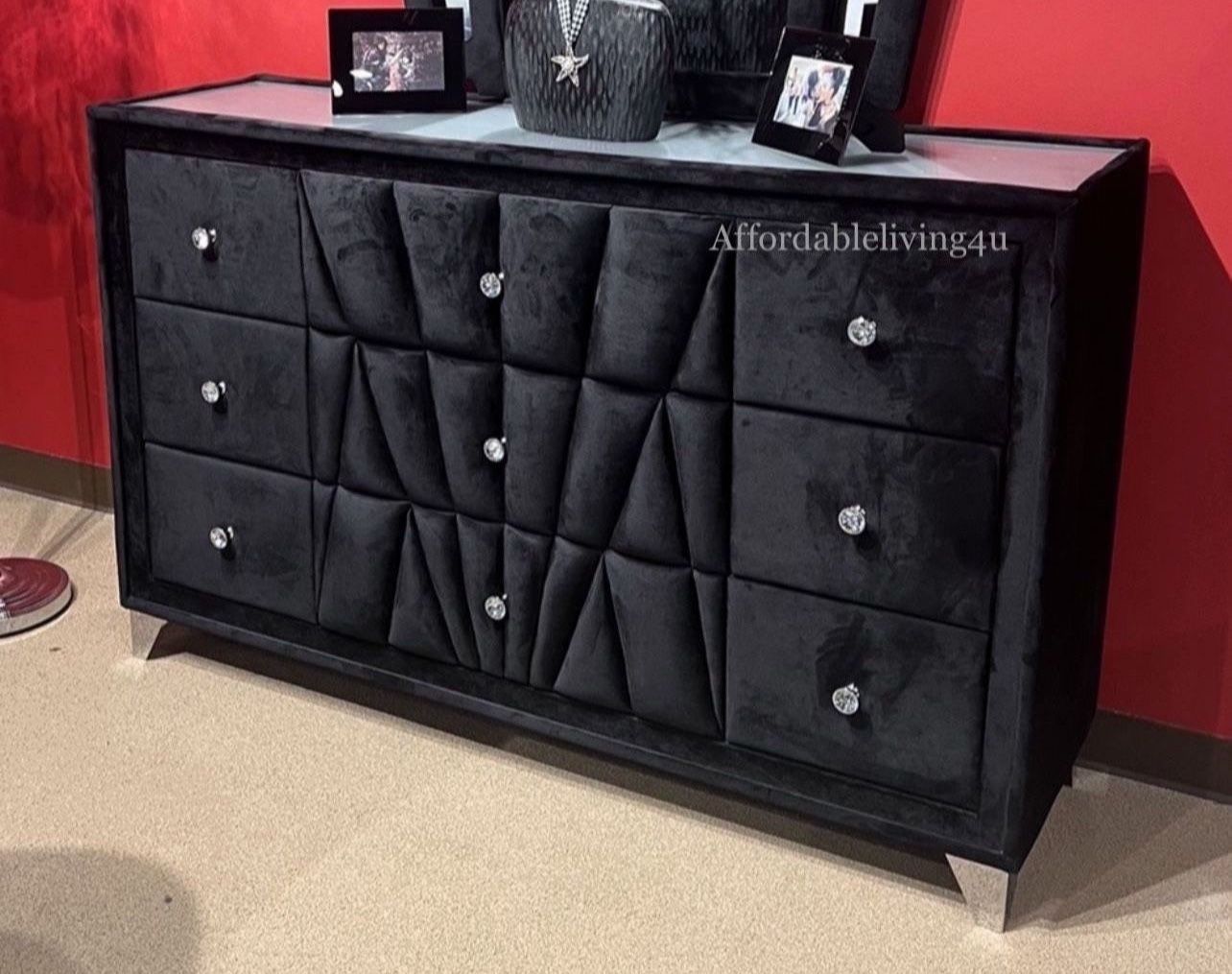 Black Velvet Dresser W/ Acrylic Crystal Knobs Brand New In Box