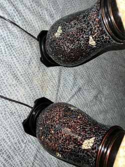 Pair of Mosaic Crackle Glass Table Lamps Bronze Base, Gold Shades