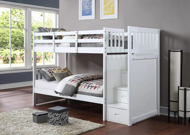 Twin / Twin Bunk Bed Frame Reversible Staircase with Drawers White Finish