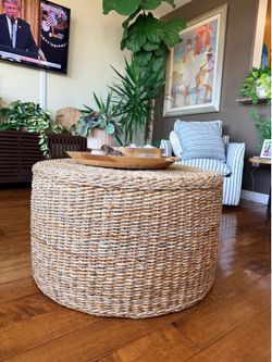 Round Woven Coffee Table / Ottoman- Coastal Boho Style – Excellent Condition