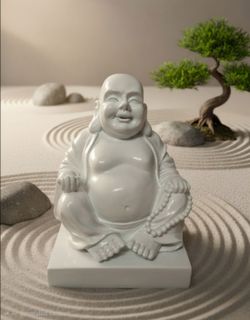 White Laughing Buddha Seated Figurine Statue Holding Prayer Beads - Buddhism 11"