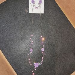 Brand New Necklace and Earrings Purple Rose Set