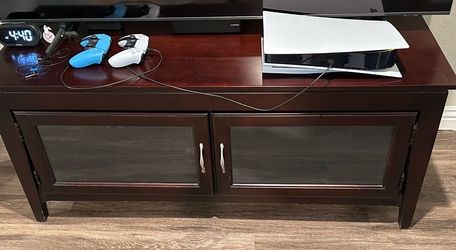 Dark Cherry Wood TV Stand / Media Console with Glass Doors