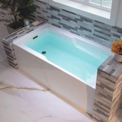 WOODBRIDGE 54" Acrylic Rectangular Alcove Soaking Bathtub in White with Left Drain, Matte Black pop-UP Drain Included BA5430L