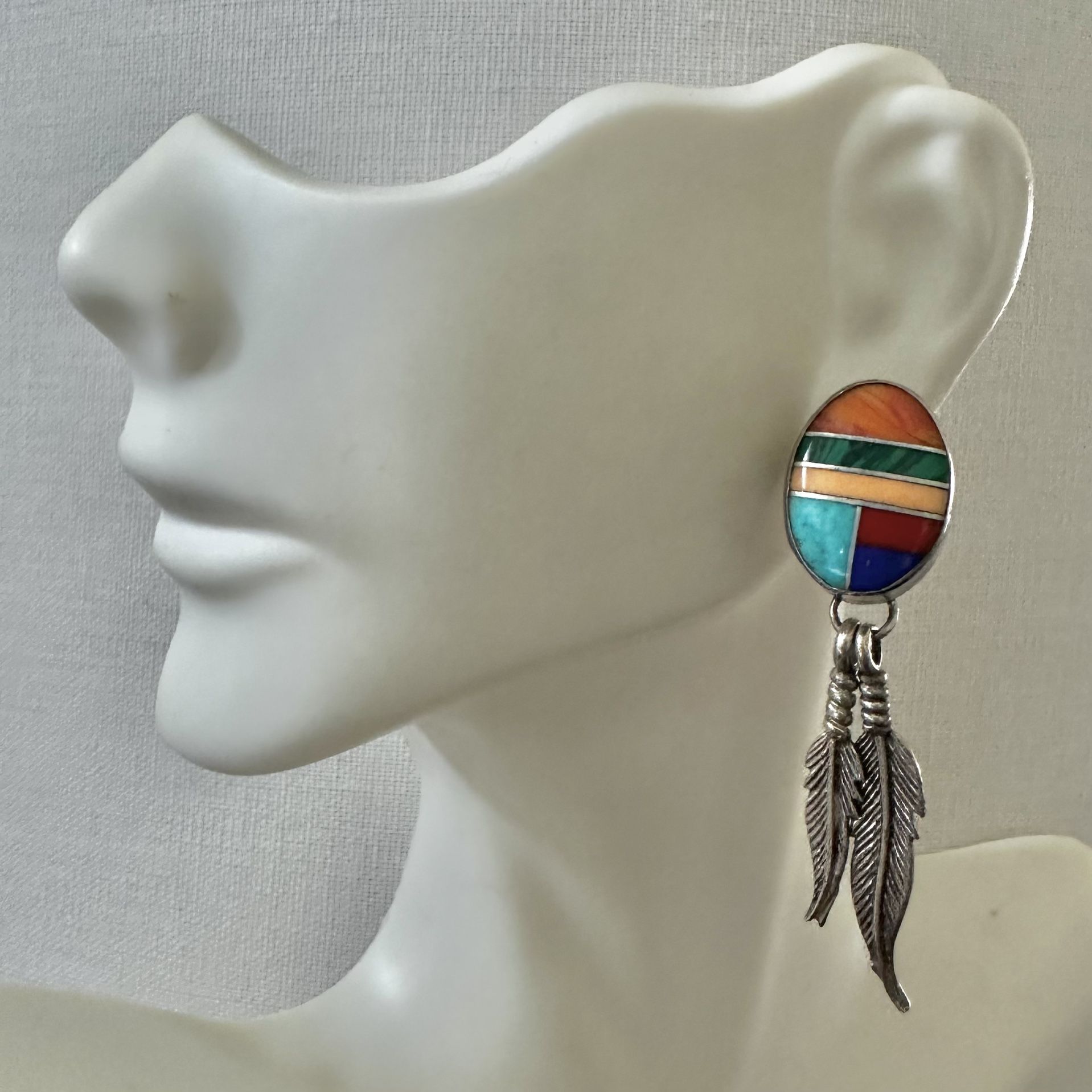 Sterling Silver Multi Stone Inlay Dangling feathers vintage Earrings
