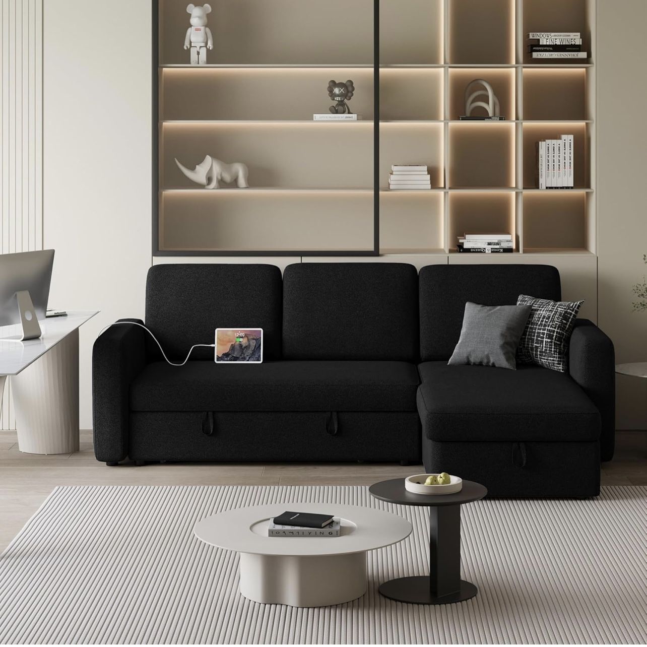 Sectional Sofa L-Shaped Sofa Couch Bed w/Chaise & USB, Reversible Couch Sleeper w/Pull Out Bed & Storage Space Living Room Black