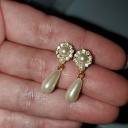 Vintage Bridal Ivory Pearl Earrings With Crystals