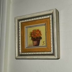 VINTAGE WOOD FRAME FLORAL FLOWER POT BOUQUET SIGNED PAINTING MINI PICTURE ART DECOR