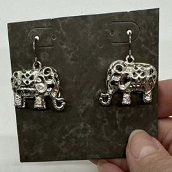 NEW silver tone filigree figural ELEPHANT pierced dangle earrings 1” wide  