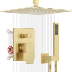 ESNBIA Rain Shower Head with Handheld Spray Combo, 12" Brushed Gold