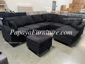 NEW Large U Shape Sectional Sofa and Chaise with Ottoman Set BLACK Chenille Fabric Ashley Style Discount Couch Seccional Grey BIG Clearance SALE DEAL