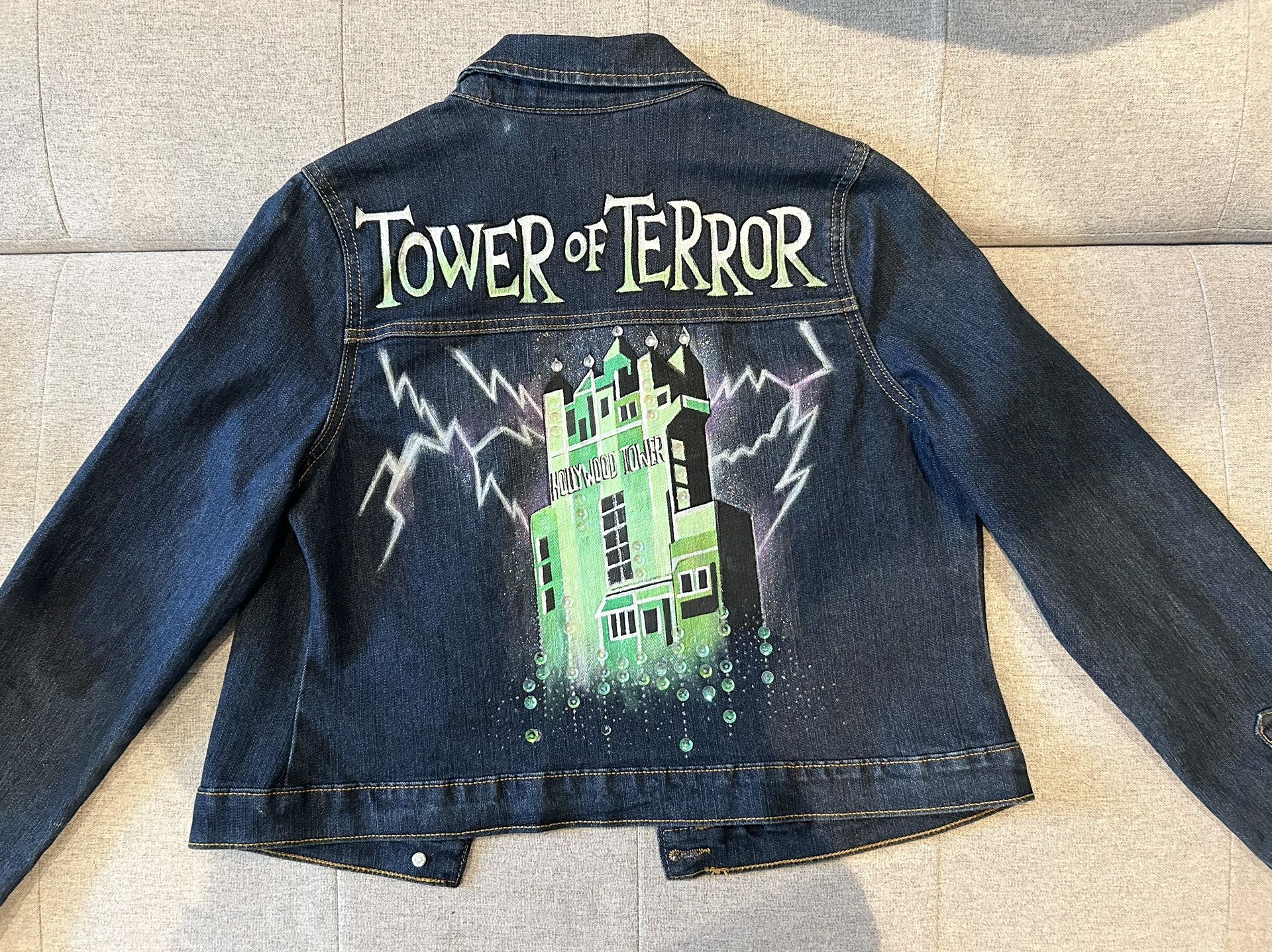 Disney Parks Themed Hand Painted Tower Of Terror Denim Jean Jacket - Adult S