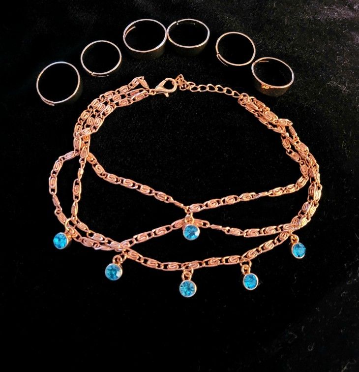 Blue Austrian Crystal Anklet (10-12 in) and 6 Ring (Adjustable) in Goldtone