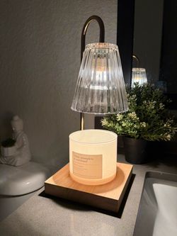 Modern Electric Candle Warmer Lamp with Glass Shade & Wooden Base (Dimmable)